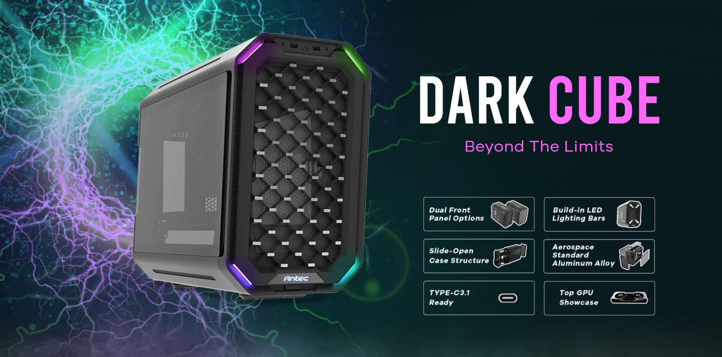 Antec Dark Cube M-ATX, Dual Front Panel, Slide Open Structure, USB-C, LED Light Bars, Aluminum Alloy, 14CM ARGB x 2, 12CM x 1 installed Gaming Case