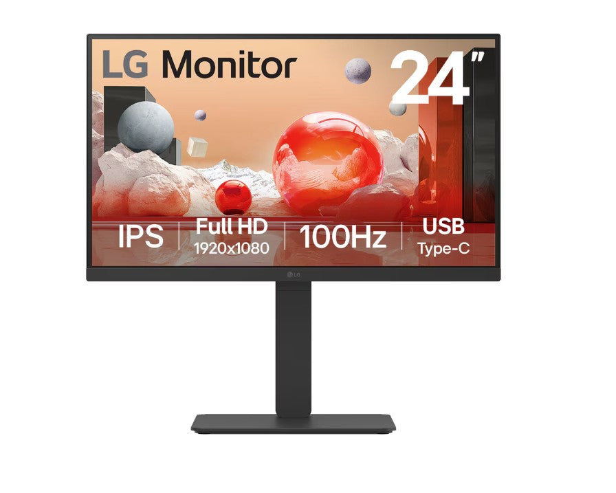 LG 24' IPS FHD 1920 x 1080, USB-C (PD65w) 100Hz 5ms, AMD FreeSync 16:9 Tilt/Height/Swivel/Pivot (Bi-direction) adjustable stand, 3yrs Monitor