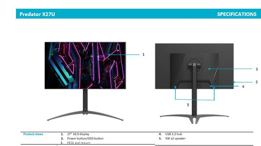 PREDATOR FSYNC,27" HDR10,16:9,OLED,WQHD(2560x1440),0.03ms,240Hz,HDMI(2.0)x2,DP(1.4)x1,Type-C(90wPD),USB 3.0x4,Tilt,Swiv,HAS,SPK(2x5W),VESA100x100,3YR