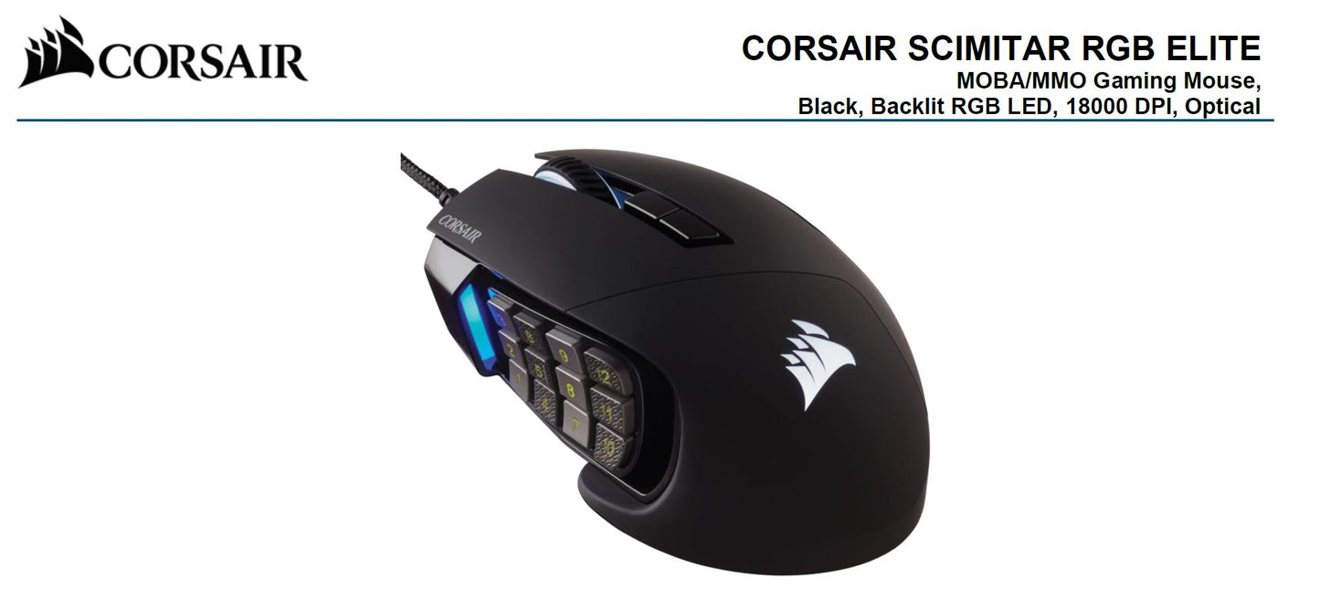 Corsair SCIMITAR RGB ELITE Black Gaming Mice, 17 programmable buttons, 18,000 DPI (LS)