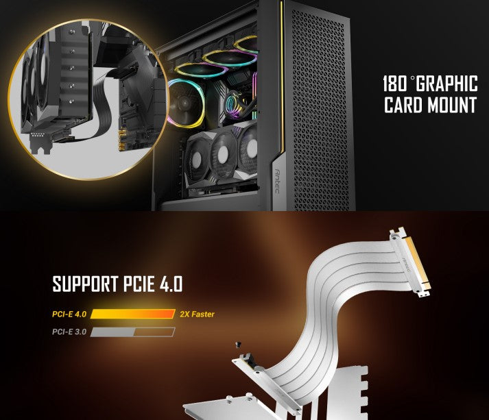 Antec Adjustable Vertical Bracket with 200mm High Performance PCI-E Riser Cable. New 2024. White Universal Case support