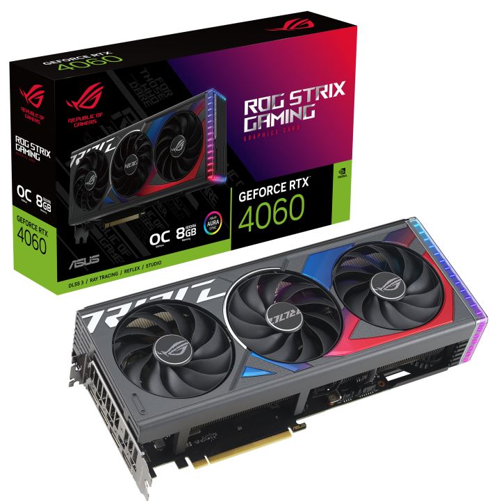 ASUS nVidia GeForce ROG-STRIX-RTX4060-O8G-GAMING RTX4060 OC Edition 8GB GDDR6, 2670 MHz Boost Clock, RAM 17 Gbps, HDMI x1, DP x3