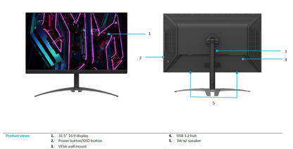 PREDATOR FSYNC,31.5"HDR1000,16:9,MINILED,UHD(3840x2160),0.5ms,150Hz,HDMI(2.1)x2,DP(1.4)x1,TypeC(65wPD),USB3.0x2,Tilt,Swiv,HAS,SPK(2x3W),VESA100x100,3Y