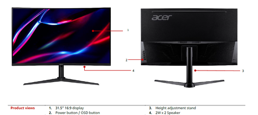 NITRO FREESYNC 31.5",16:9,CURVE,VA(1500R),QHD(2560x1440),1ms,180Hz,HDMI(2.0)x2,DP(1.4)x1,SPK(2Wx2)HeightAdj,Tilt,VESA100x100,3YR WTY