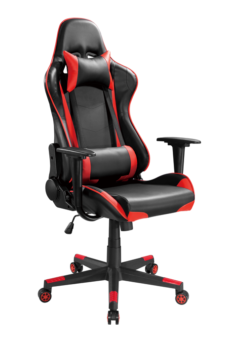 Brateck PU Leather Gaming Chairs with Headrest and Lumbar Support (70x70x127~137cm) Up to 150kg - PU Leather,PVC Leather-Black Red (LS)