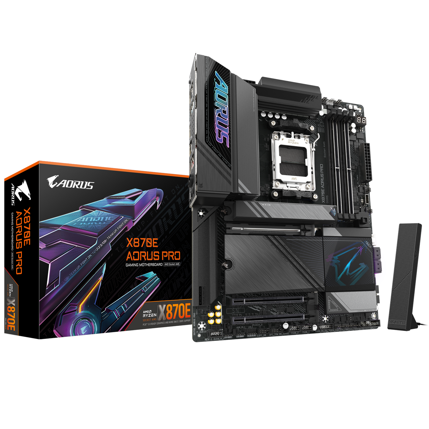 Socket: AMD AM5 Chipset: AMD X870E Memory Support: DDR5, up to 8000 MHz Expansion Slots: Multiple PCIe 5.0 x16 slots Storage: Multiple M.2 slots, incl