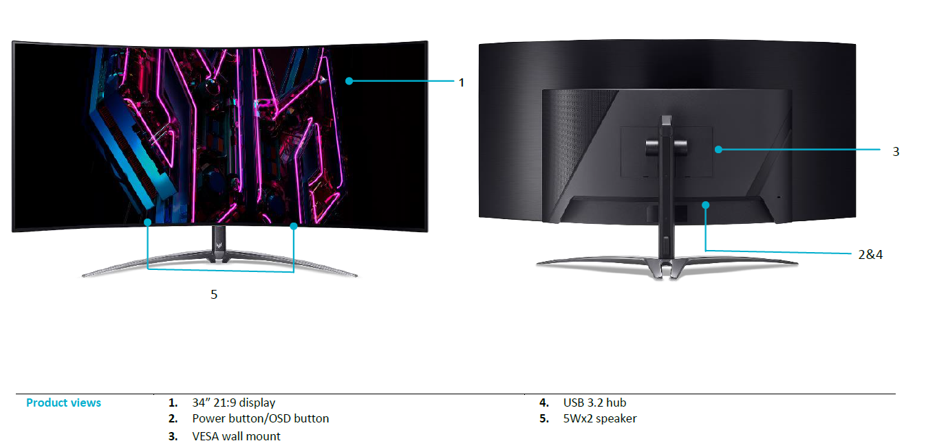 PREDATOR FSYNC,34" HDR10,21:9,CURVE OLED(800R),UWQHD(3440x1440),0.03ms,240Hz,HDMI(2.1)x2,DP(1.4)x1,USB-C(90wPD),Tilt,Height,SPK(2x5W),VESA200x100,3Y