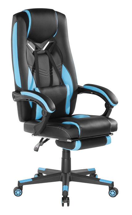 Brateck Premium PU Gaming Chair with Lumbar Support and Retractable Footrest (63x71x119~129cm) up to 150kg-PU Leather,PVC Leather-Black-Blue (LS)