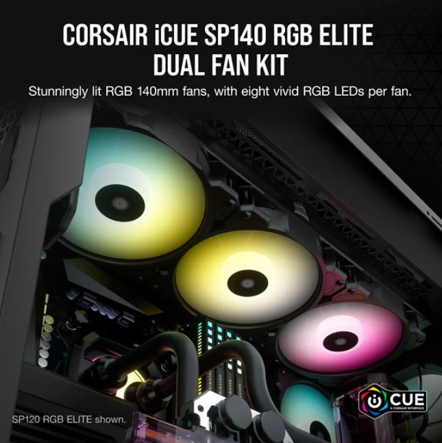 (LS) Corsair SP140 RGB ELITE, 140mm RGB LED Fan with AirGuide, Dual Pack with Lighting Node CORE