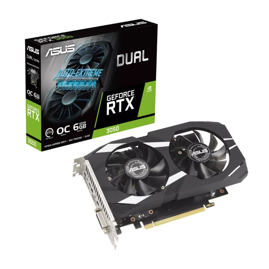 ASUS nVidia GeForce DUAL-RTX3050-O6G RTX 3050 OC Edition 6GB GDDR6,1537 MHz Boost Clock, RAM 14Gbps, 1xDP, 1xHDMI