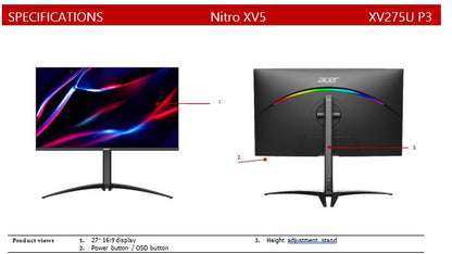 NITRO ADAPTIVESYNC, 27" HDR1000,16:9,MINI LED,QHD(2560x1440),2ms,170Hz,HDMI(2.0)x2,DP(1.2)x1,Tilt,Height Adj,VESA75x75,3YR WTY