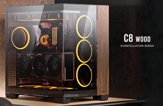 Antec C8 Wood E-ATX, ATX, Seamless Edge View Front and Side, USB-C, 4mm Tempered Glass, 360mm liquid cooler top, bottom, side. 2x USB 3.0 Black Case.