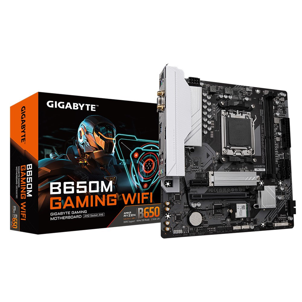 Gigabyte B650M GAMING WIFI, AMD AM5, 2 x DDR5 up to 128 GB, 1 x HDMI, 	1 x PCI Express x16, 1 x PCI Express x1, 1 x M.2, 4 x SATA, 4 x USB 3.2