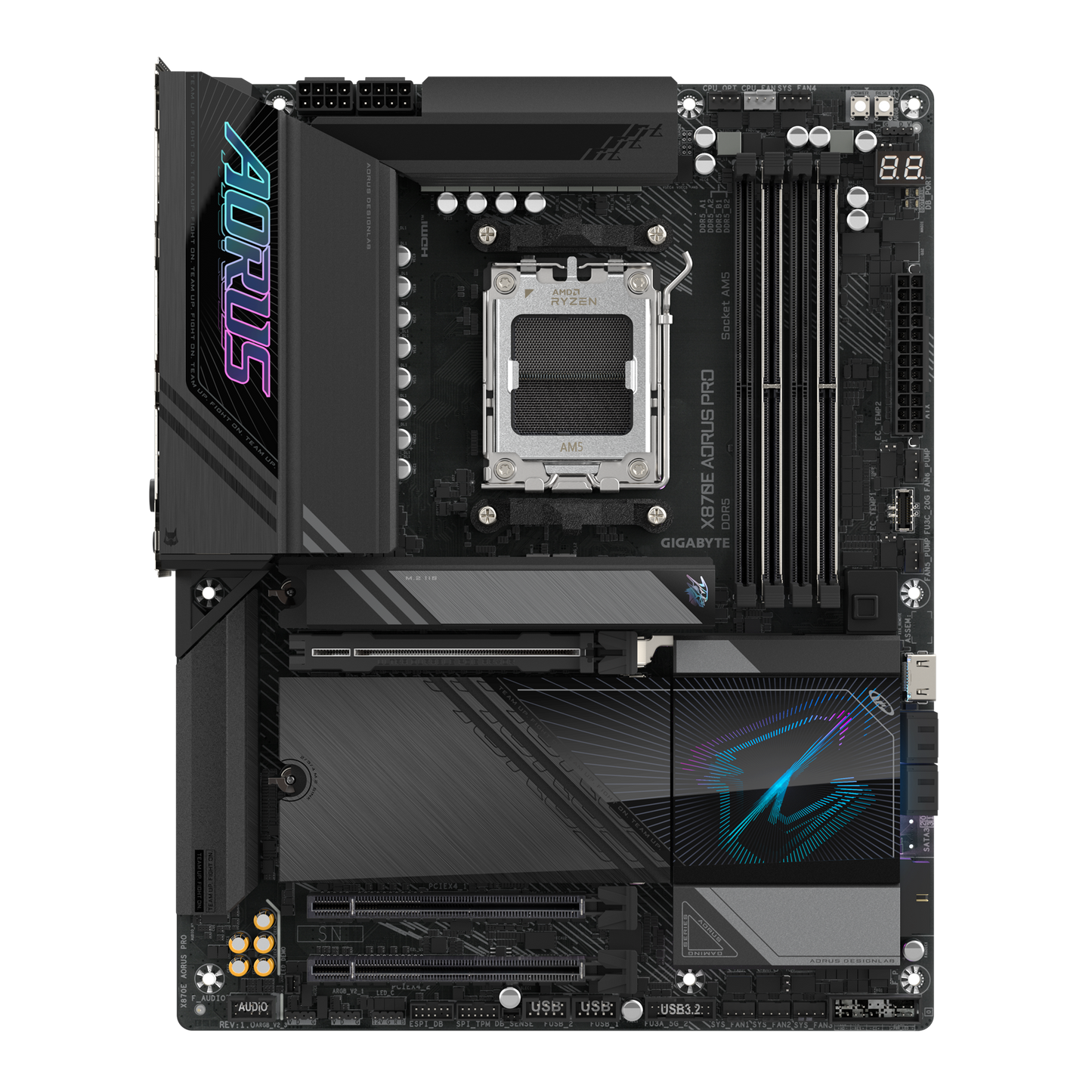 Socket: AMD AM5 Chipset: AMD X870E Memory Support: DDR5, up to 8000 MHz Expansion Slots: Multiple PCIe 5.0 x16 slots Storage: Multiple M.2 slots, incl