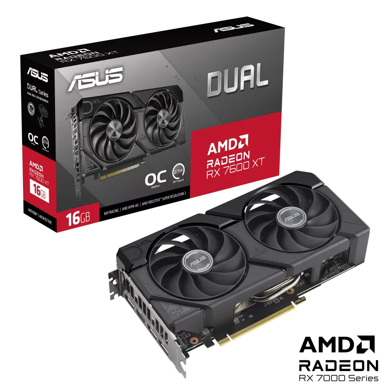 ASUS Dual Radeon RX 7600 XT OC Edition 16GB GDDR6 OC Mode: up to 2801 MHz (Boost Clock)/ up to 2513 MHz (Game Clock) 3x DP, 1 HDMIx1