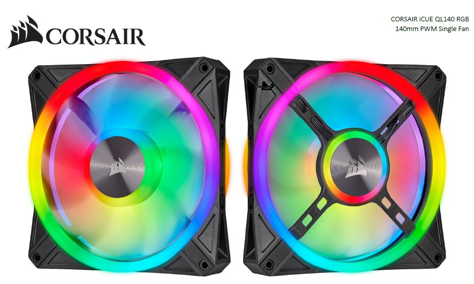 Corsair QL140 RGB, ICUE, 140mm RGB LED PWM Fan 26dBA, 50.2 CFM, Single Pack