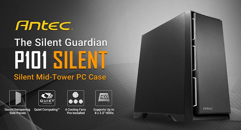 Antec P101 Silent ATX, E-ATX Case, 1x 5.25'Ext, 8x 3.5' HDD,  2x 2.5' SSD,  VGA up to 450mm, CPU Height 180mm. PSU 290mm. Two Years Warranty