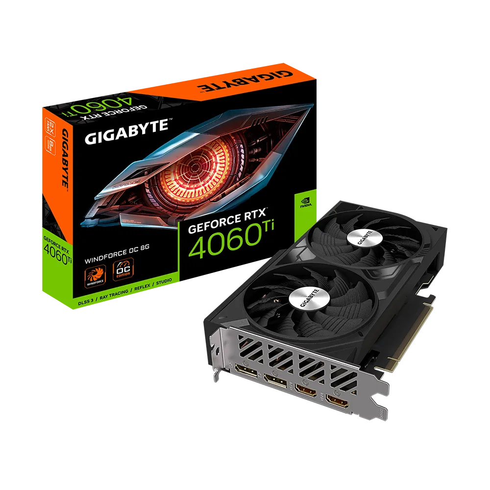 GeForce RTX 4060 Ti WINDFORCE OC V2 8G  GV-N406TWF2OCV2-8GD  NVIDIA  RTX 4060 TI/REV 1.0  PCI-E 4.0 x8/8 GB GDDR6/128 bit  DP*3/HDMI