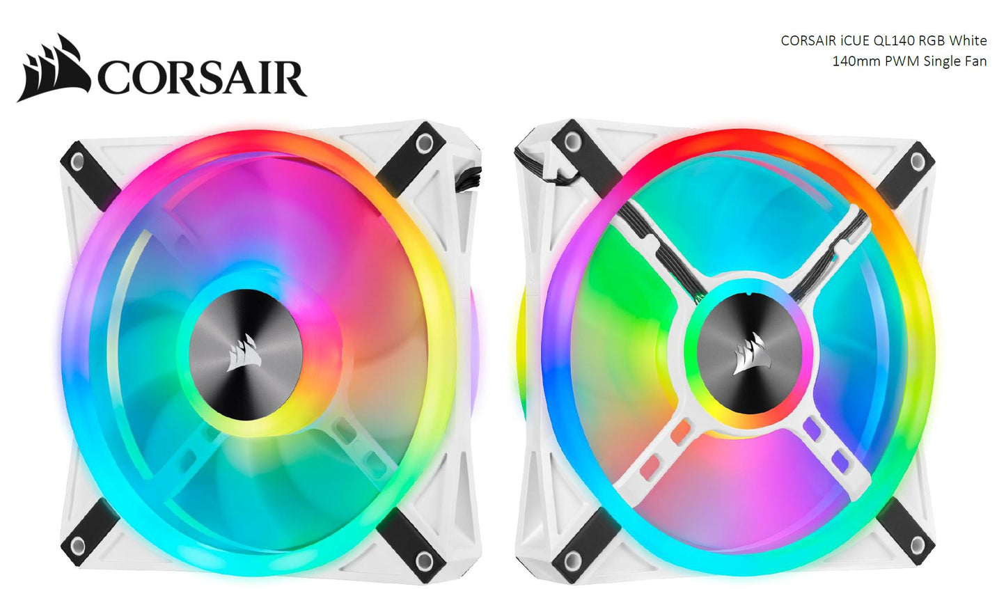 Corsair QL140 RGB White, ICUE, 140mm RGB LED PWM Fan 26dBA, 50.2 CFM, Single Pack