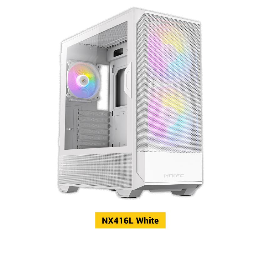 Antec NX416 Mesh White ATX. USB-C x1, USB 3.0 x. 2x ARGB 160mm + 1x ARGB 120mm Fans. LED & PWM Controller. SSD Storage, Cable Routing, Gaming Case