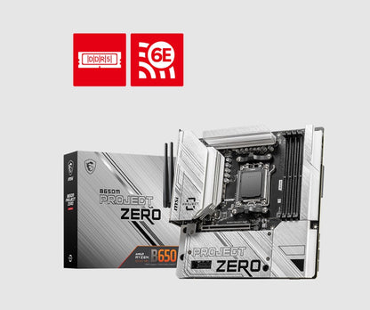 MSI B650M PROJECT ZERO Motherboard, AMD B650, 4x DDR5 128GB, 1x HDMI, 2x M.2, USB 3.2 Type A  x9