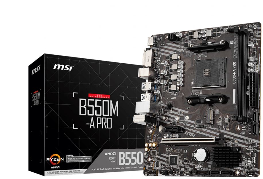 MSI B550M-A PRO Motherboard AMD Ryzen AM4 2x DIMM Slots (Max 64GB) 1x PCI-e 4.0 1x HDMI DVI 1x M.2 4x SATA3 6x USB 3.2 Gen 1 6x USB 2.0