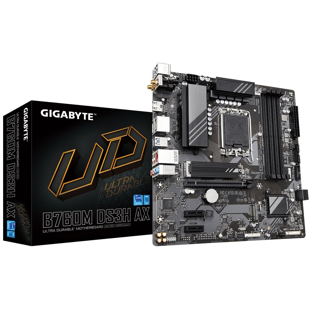 Gigabyte B760M DS3H AX Intel LGA 1700 mATX Motherboard, 4x DDR5 ~192GB, 1x PCI-E x16, 2x M.2, 4x SATA,  3x USB 3.2, 1x USB-C, 2x USB 2.0