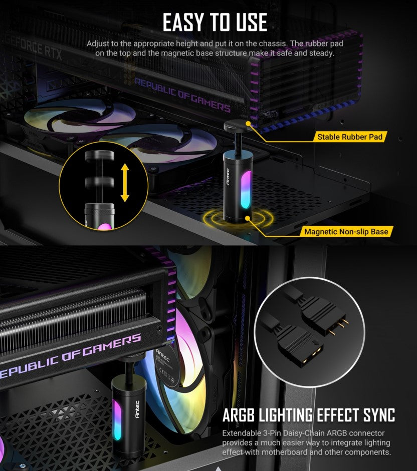 Antec I Shape ARGB Black GPU Bracket, L100,  Solid Construction for large GPU 3-Pin Daisy Cable - Stable Ruibber Pad top. Magnetic Non-Slip Base.