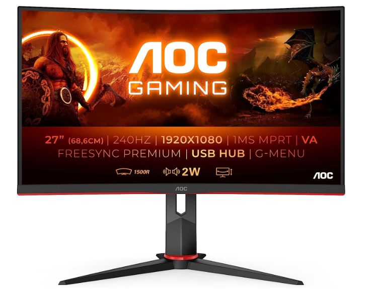 AOC 27' Curved 0.5ms 240Hz FHD 1920 x 1080, 1500R, FreeSync, HDR Mode, Ultra Narrow Border  Gaming Monitor w/HAS - DP/HDMI, VESA100