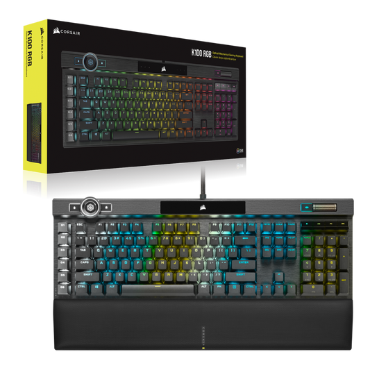 CORSAIR K100 RGB Optical-Mechanical Gaming Keyboard, Backlit RGB LED, CORSAIR OPX RAPIDFIRE, Black, Black PBT Keycaps