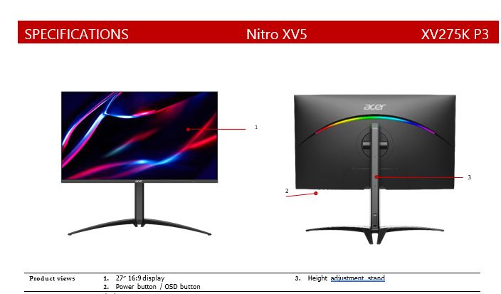 NITRO ADAPTIVESYNC, 27" HDR1000,16:9,MINI LED,UHD(3840x2160),1ms,160Hz,HDMI(2.1)x2,DP(1.4)x1,USB-C(90w PD),Tilt,Height Adj,VESA75x75,3YR WTY