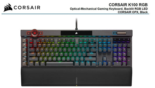 Corsair K100 RGB, Cherry Corsair OPX Switch, AXON 44-Zone RGB, PBT Double-Shot Keycaps, Black,  Mechanical Gaming Keyboard