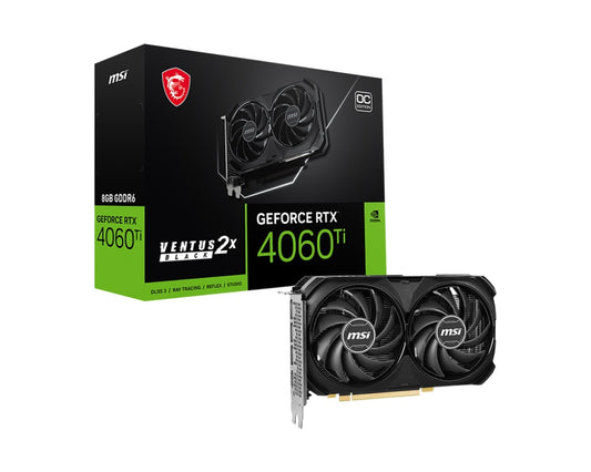 MSI nVidia GeForce RTX 4060 Ti VENTUS 2X BLACK 8G OC Video Card  2580 MHz Boost Clock, 8GB GDDR6,DisplayPort x 3 (v1.4a),HDMI x 1