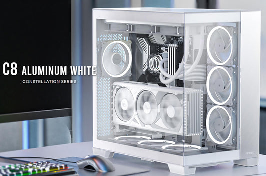 Antec C8 Aluminum White E-ATX Seamless Edge View Front and Side, USB-C, 4mm Tempered Glass, 360mm liquid cooler top, bottom, side. 2x USB 3.0 Case.