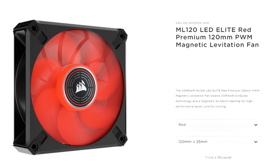 Corsair ML ELITE Series, ML120 LED ELITE, 120mm Magnetic Levitation Red LED Fan with AirGuide, Single Pack