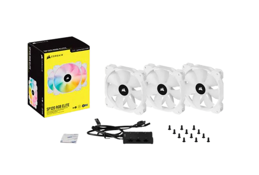 Corsair White SP120 RGB ELITE, 120mm RGB LED PWM Fan with AirGuide, Triple Pack with Lighting Node CORE